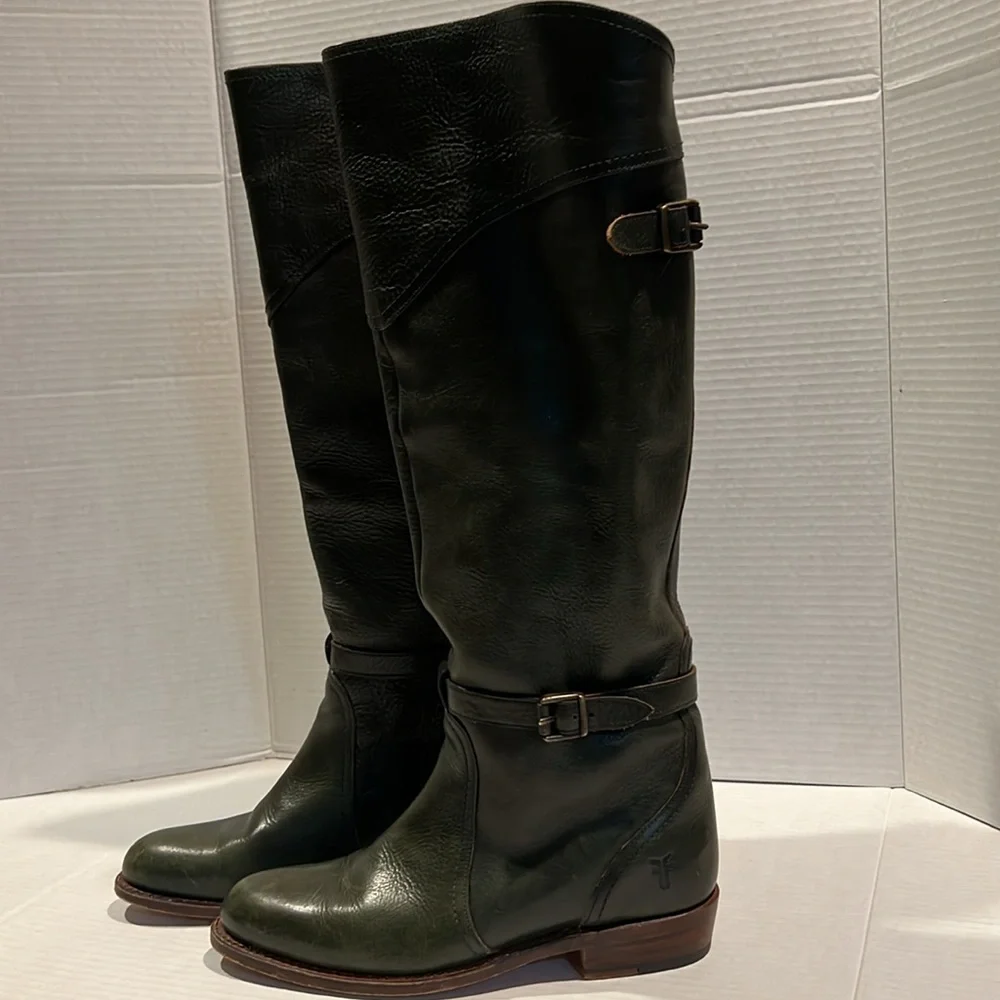 Frye Dark Green Leather Harness Knee Boots